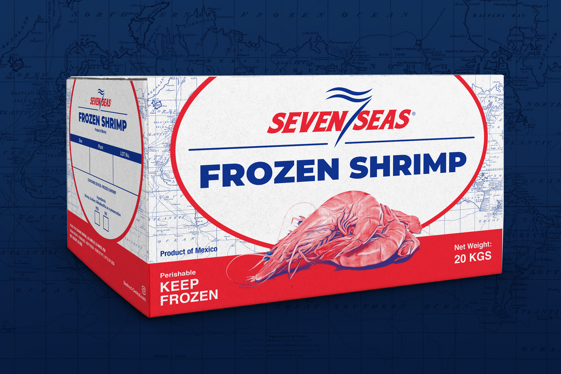 a box of frozen shrimp with blue background of word map